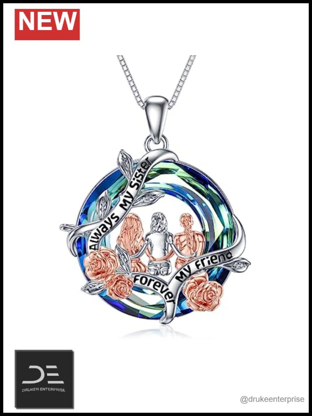 Sterling Silver Sisters Necklace Rose Flower Pendant Crystal Charm Gift for